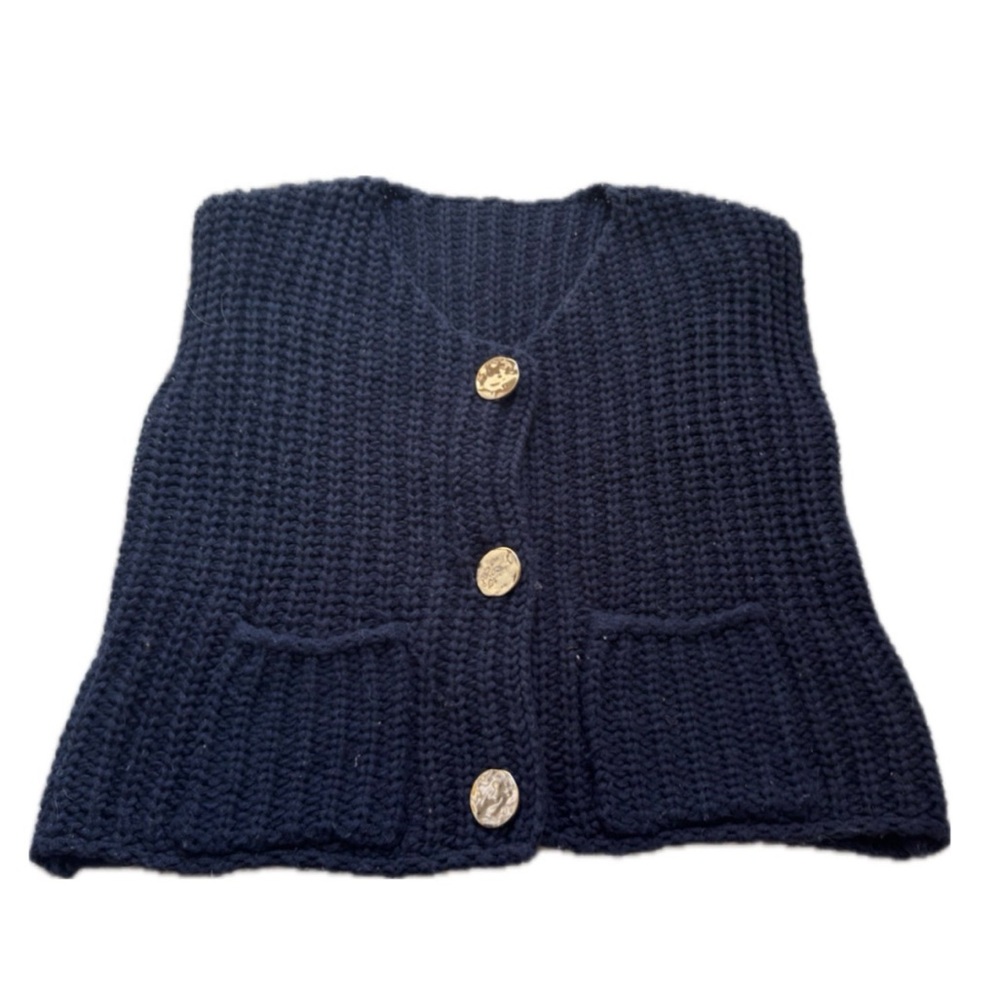 navy blue chunky knit cardigan with gold buttons